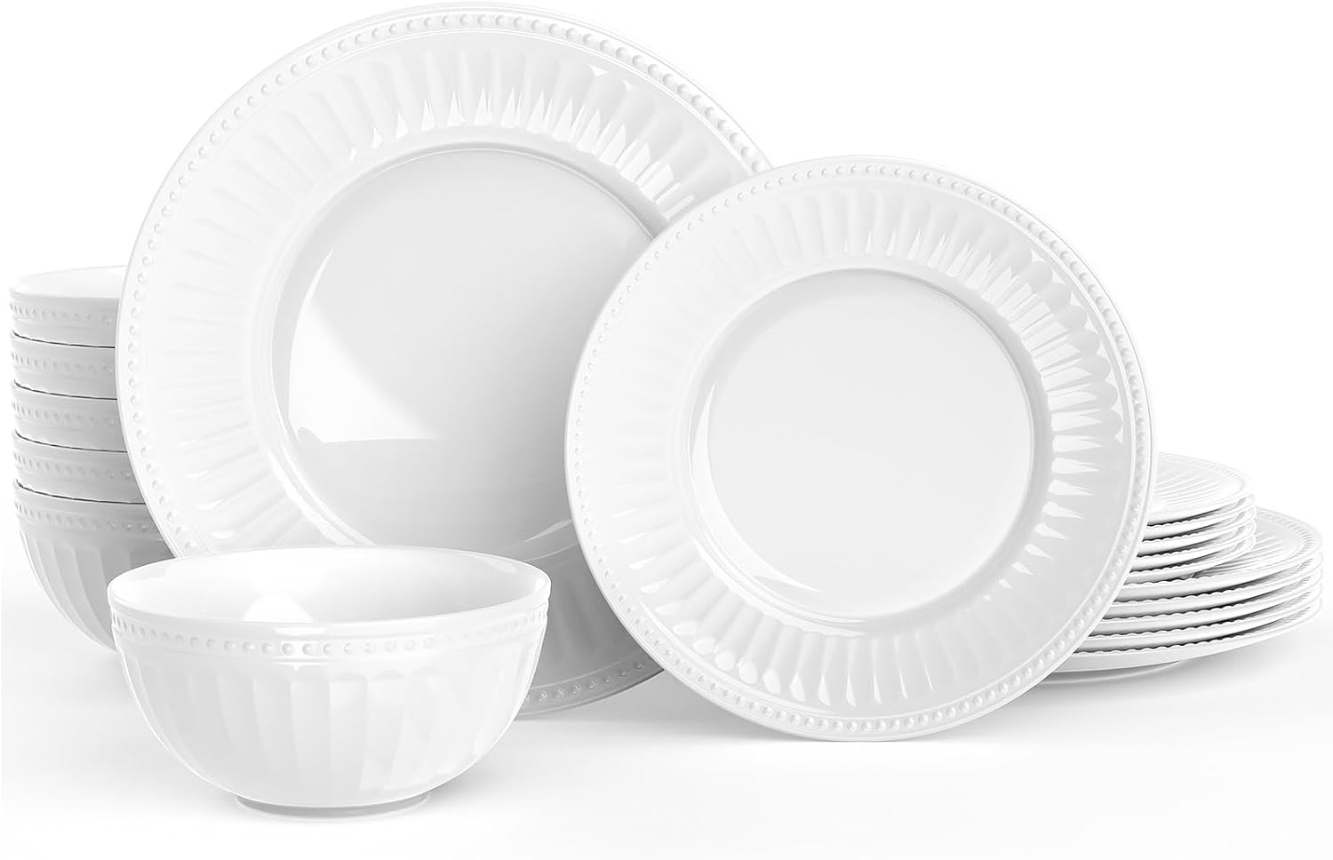 Dinnerware Set, HomeElves 18-PCS Kitchen Opal Embossed Dishes Set Service for 6, Lightweight Glass Plates and Bowls Set, Break and Chip Resistant, Dishwasher & Microwave Safe, Round