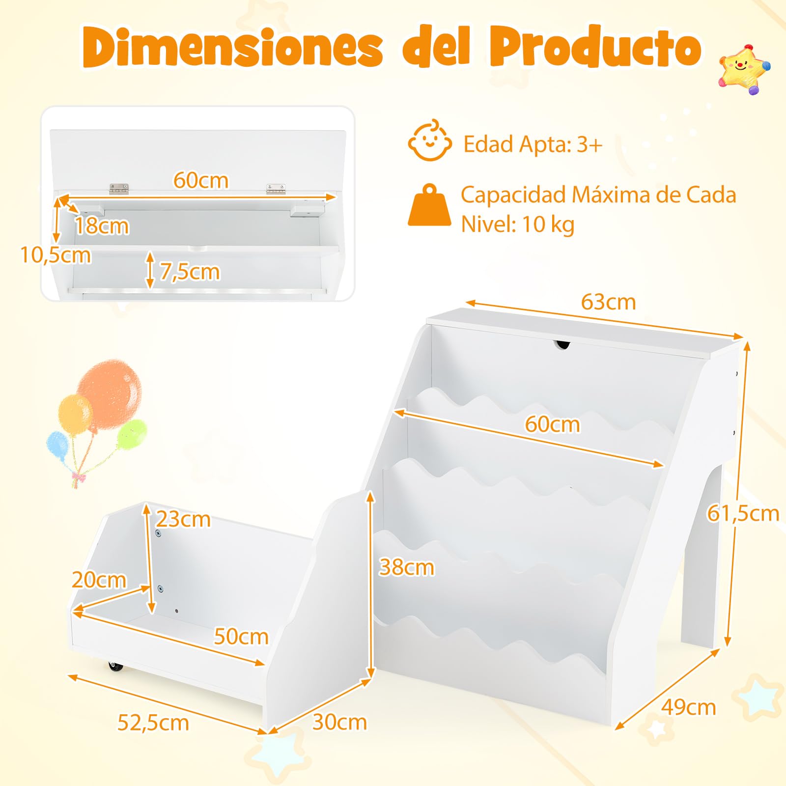 COSTWAY Librería Infantil de 4 Niveles, Organizador de Juguetes con Estantes Abiertos, Cajón Rodante Extraíble, Caja con Tapa Abatible, Estantería Madera para Niños Sala de Juegos Guardería (Blanco)