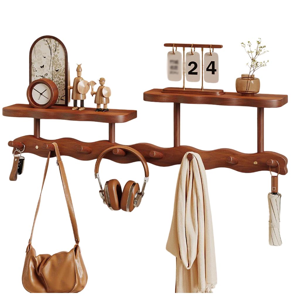 Qpkz Brown Solid Wood Coat Rack With Shelf Wall Mount, Wooden Wall Hooks Entryway Hanging Rack Coat Hooks Rail Clothes Towel Racks With 8 Hook For Coat, Bag, Towel