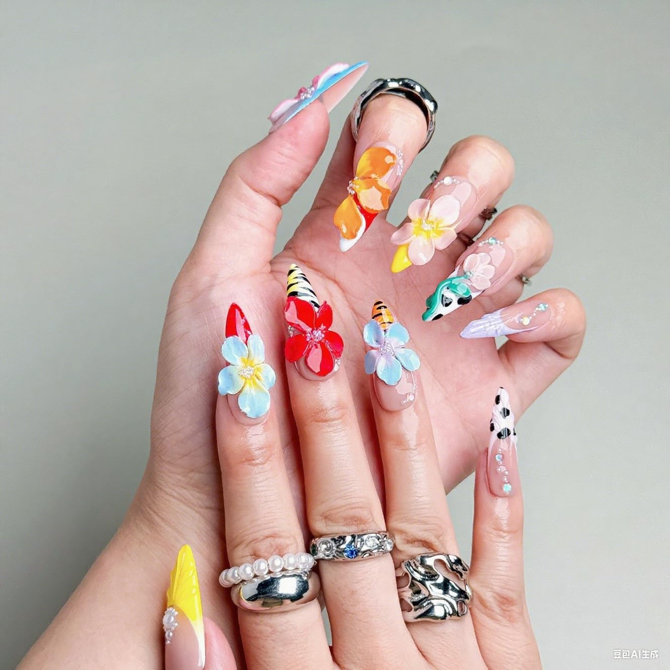 Flower Press on Nails French Medium Almond Acrylic Nail 3D Colorful Floral Design Rhinestone Handmade Press on Nails Reusable Full Cover Thick False Nail Stick on Nails for Women（Size M)
