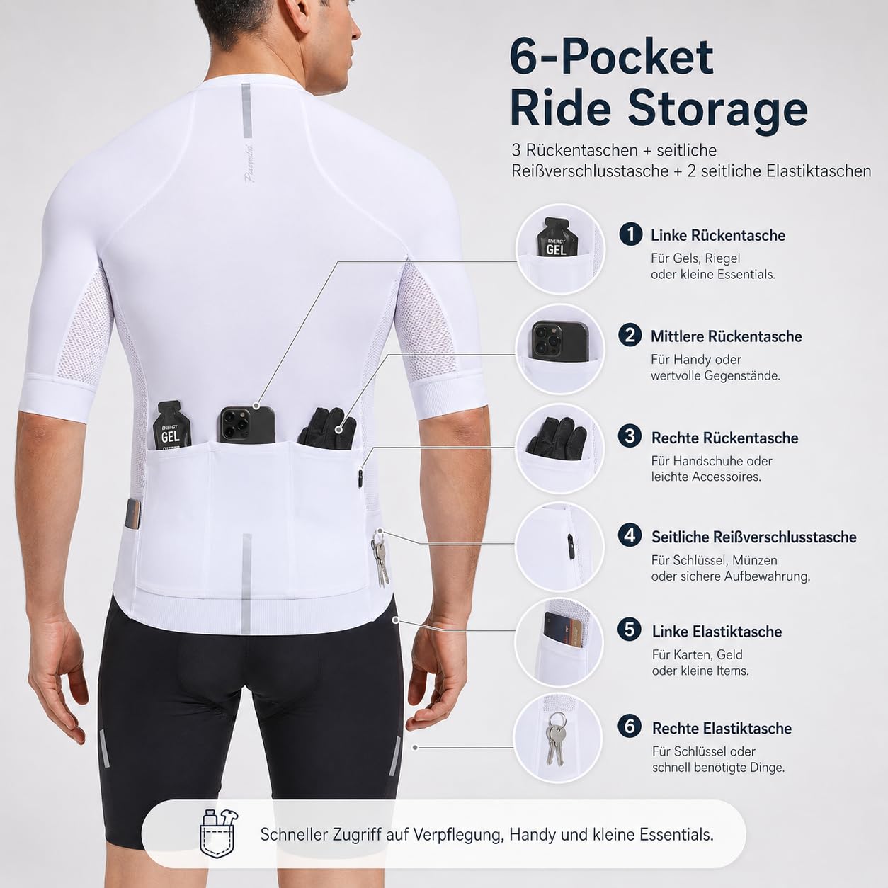 Przewalski Herren Radtrikot Kurzarm Atmungsaktiv mit Taschen | 4-Wege-Stretch Kompression, Mesh-Rücken, 6 Taschen inkl. Zip, rutschfest & reflektierend, Rennrad