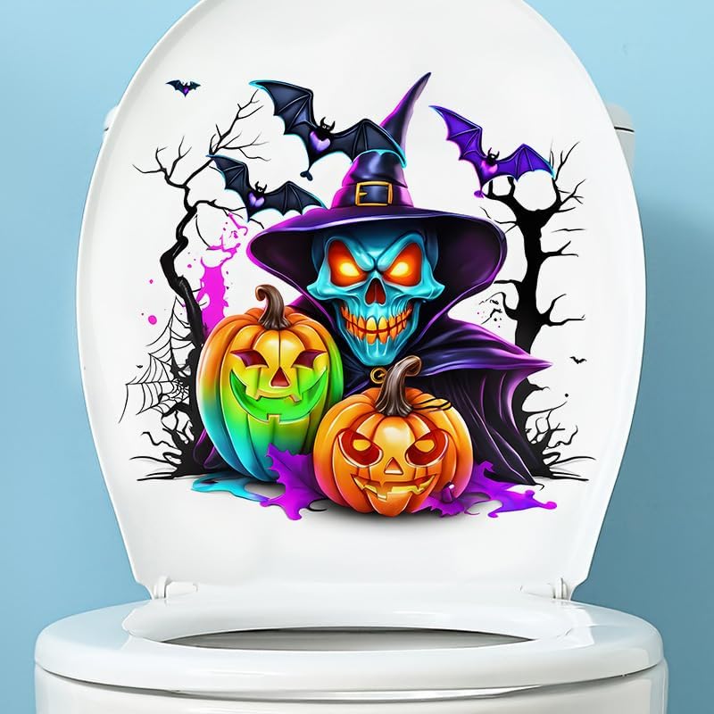 Colorful Pumpkin Ghost Bat Toilet Cover Sticker Decals,Fish Bird Flower Leaf Waterproof Toilet Lid Tank Seat Decals Cistern Self-Adhesive Bathroom Wall Sticker