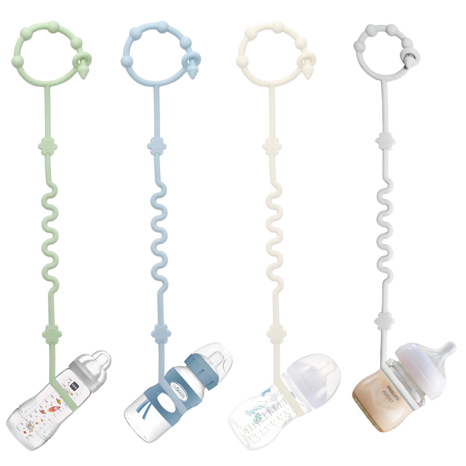 RTMOK (4Pcs) Sippy Cup Strap Keep Bottles and Sippy Cups Off The Floor, Sippy Cup Holder Strap Suitable for High Chairs, Strollers and Water Bottles-