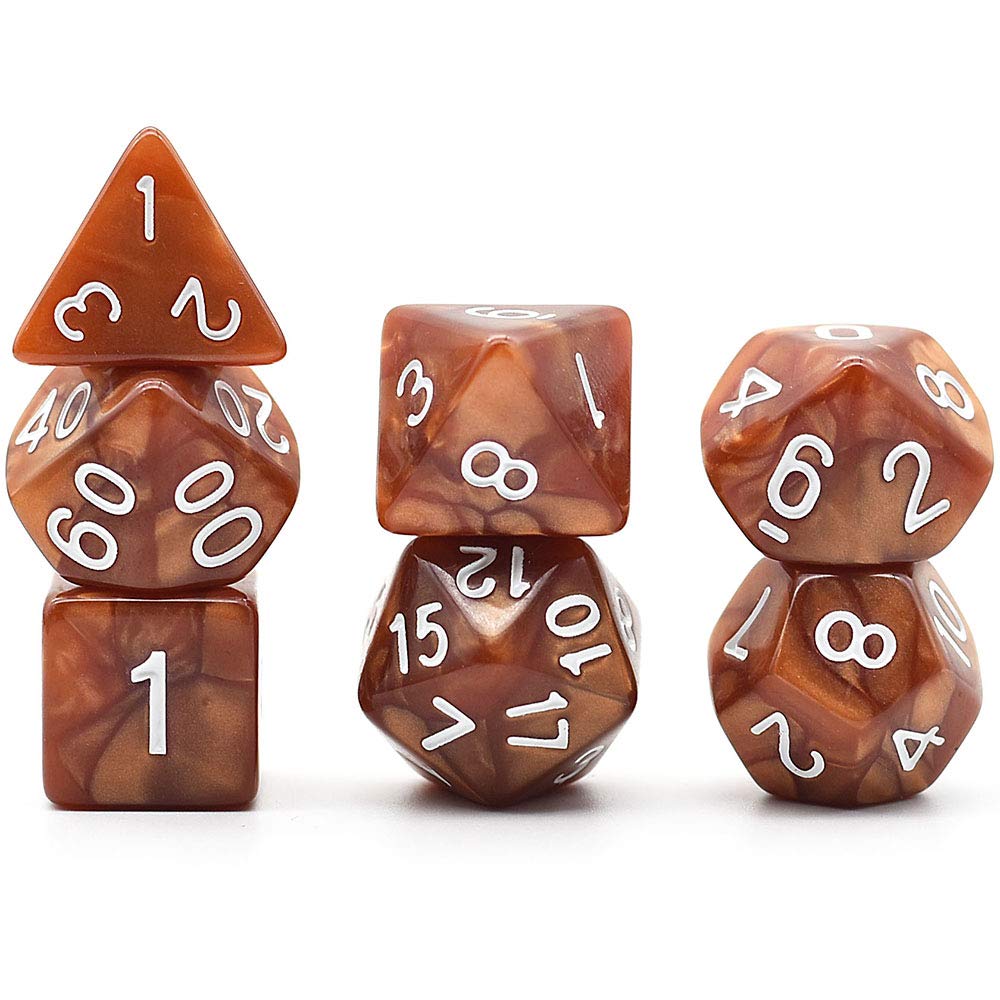 Polyhedral DND Dice Set Coffee Pearl Dice for Dungeons and Dragons with Purple Dice Pouch (Coffee)