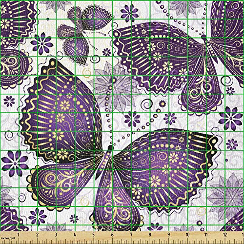 Image of Ambesonne Natural Fabric by The Yard, Butterflies with Paisley Motif on Wings Flowers Art Print, Stretch Knit Fabric for Clothing Sewing and Arts Crafts, 2 Yards, White Purple