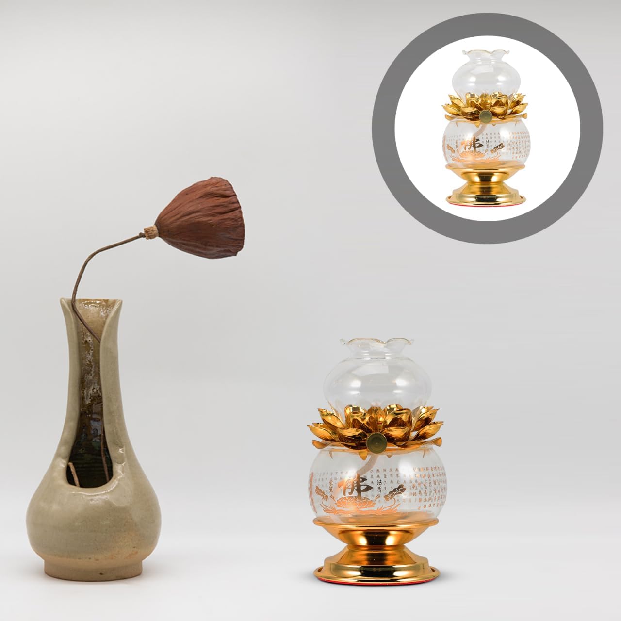Veemoon Lotus Buddha Oil Lamp Buddhist Butter Oil Lamp Glass Religion Light Temple Paraffin Light Buddhist Supply for Indoor Outdoor Home Office Temple Candle Lantern