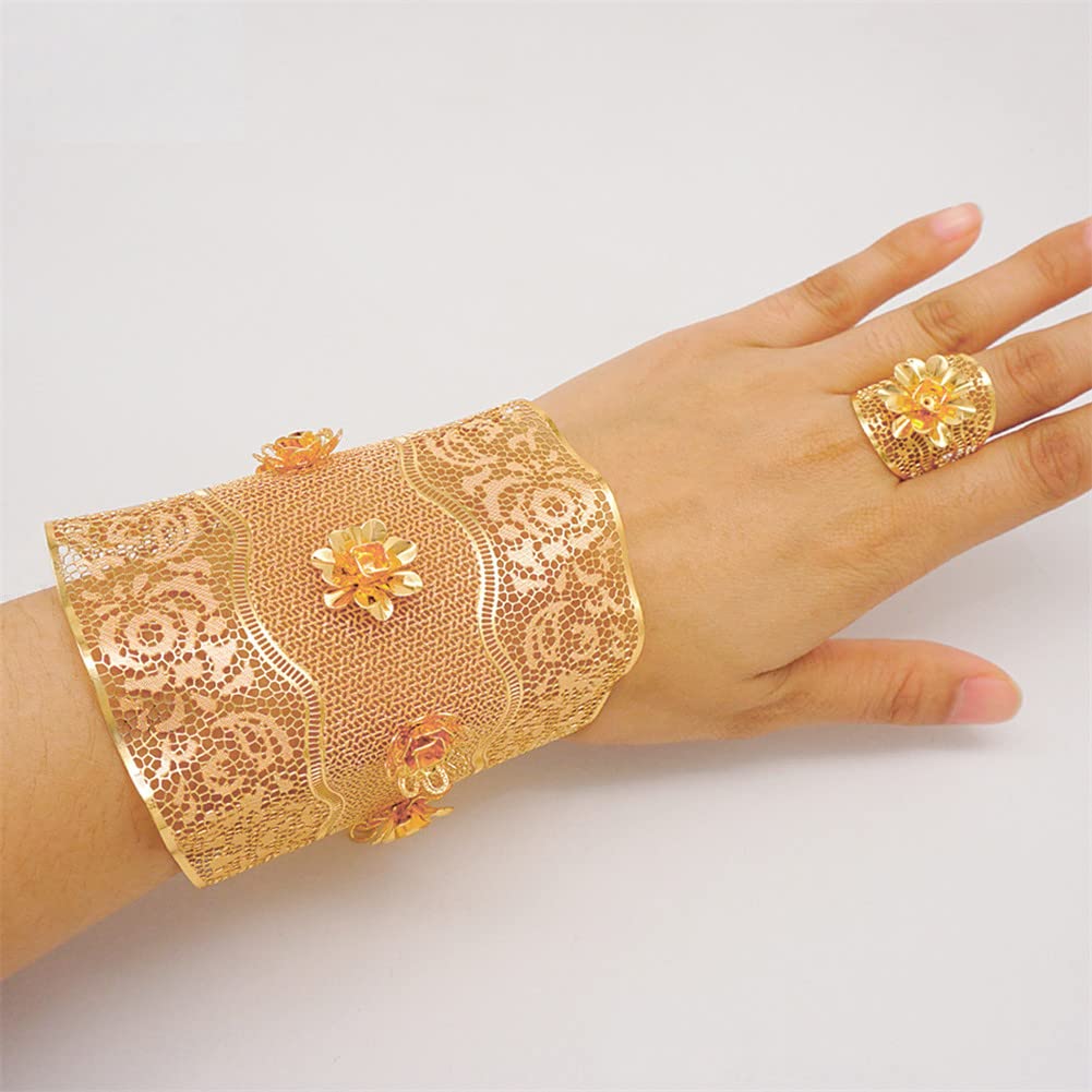 Gold Color France Dubai Bangles With Ring Women Moroccan Wide
