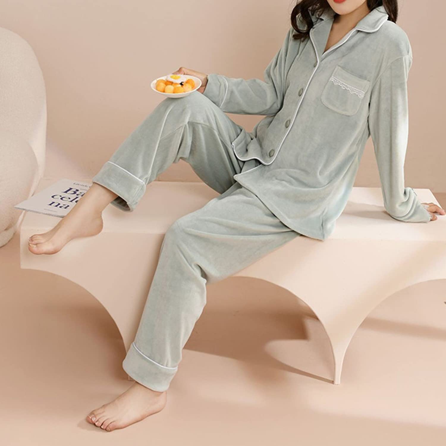 AVSMGP Pijamas Mujer Franela, Pijamas Algodon Mujer Largos, Conjunto de Pijama Suave y Cómodo, Camisones Mujer Botones, Regalo Mujeres,Verde,L