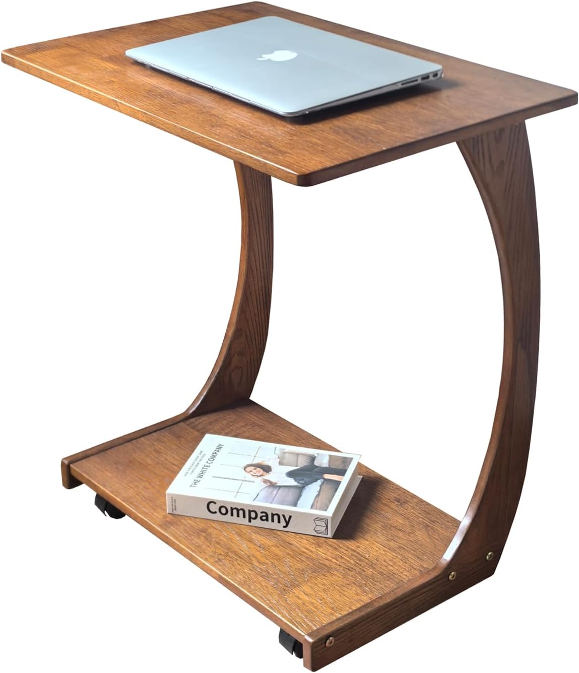Solid Wood C Shaped End Table with Storage Shelf, Walnut Slide Under Sofa Table with Rolling Wheels, Small Space Accent Table for Living Room Bedroom, Mobile Couch Side Table