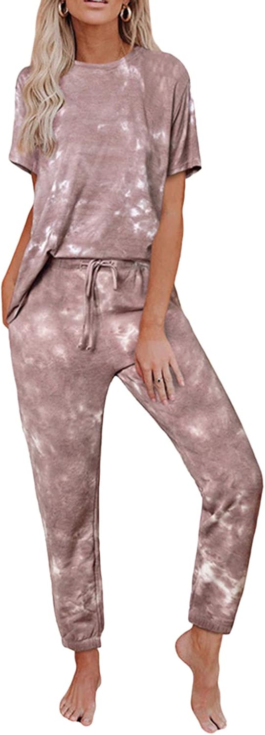 Selowin Women Tie Dye Sweatsuit Long Sleeve Pullover Sweatpants 2 Pcs Lounge Jogger Set