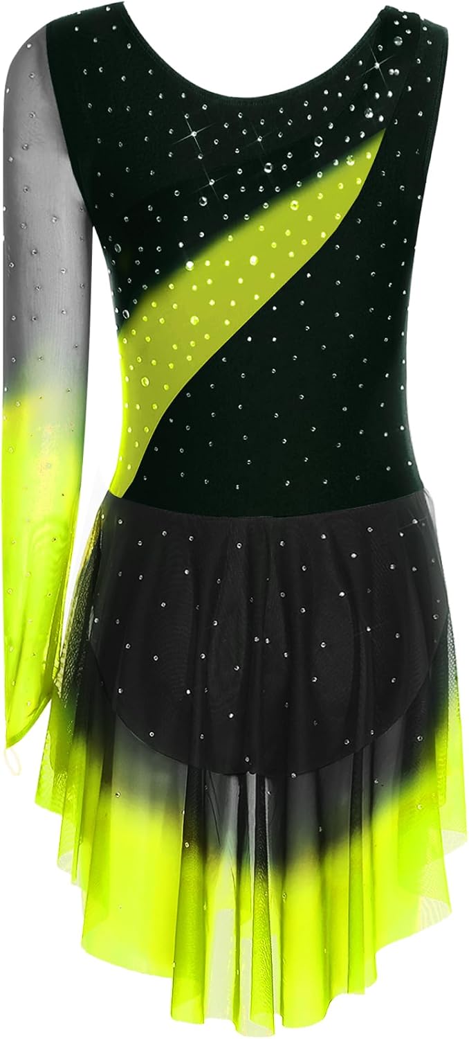 Figure Skating Dress Women Long Sleeve One Shoulder Rhinestone Gymnastics Leotard Ice Skating Dance Outfit