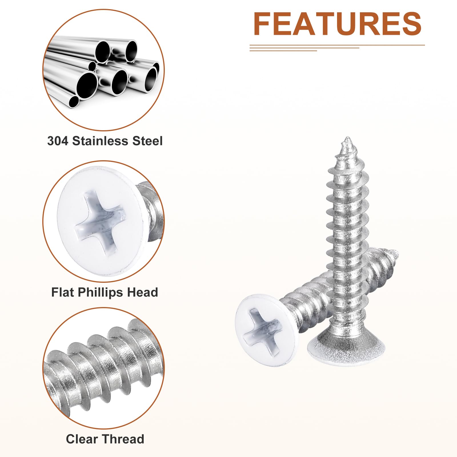 DTGN 50Pcs ST4x20mm Flat Head Wood Screws, 304 Stainless Steel White Phillips Self Tapping Screws - Image 4