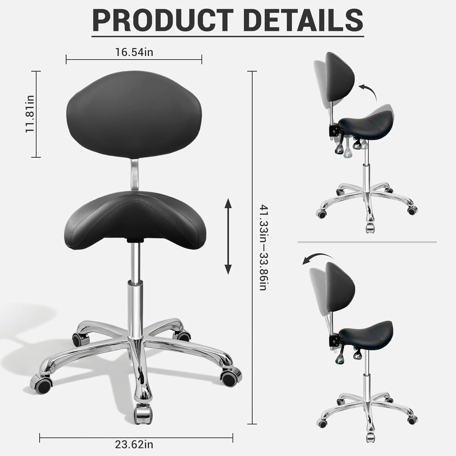 Saddle Stool Chair with Back Support,3-Way Function Rolling Esthetician Stools with Wheels,for Salon Spa Clinic Dentist Tattoo Massage Lab,Ergonomic Backrest &Adjustable Height & Angle