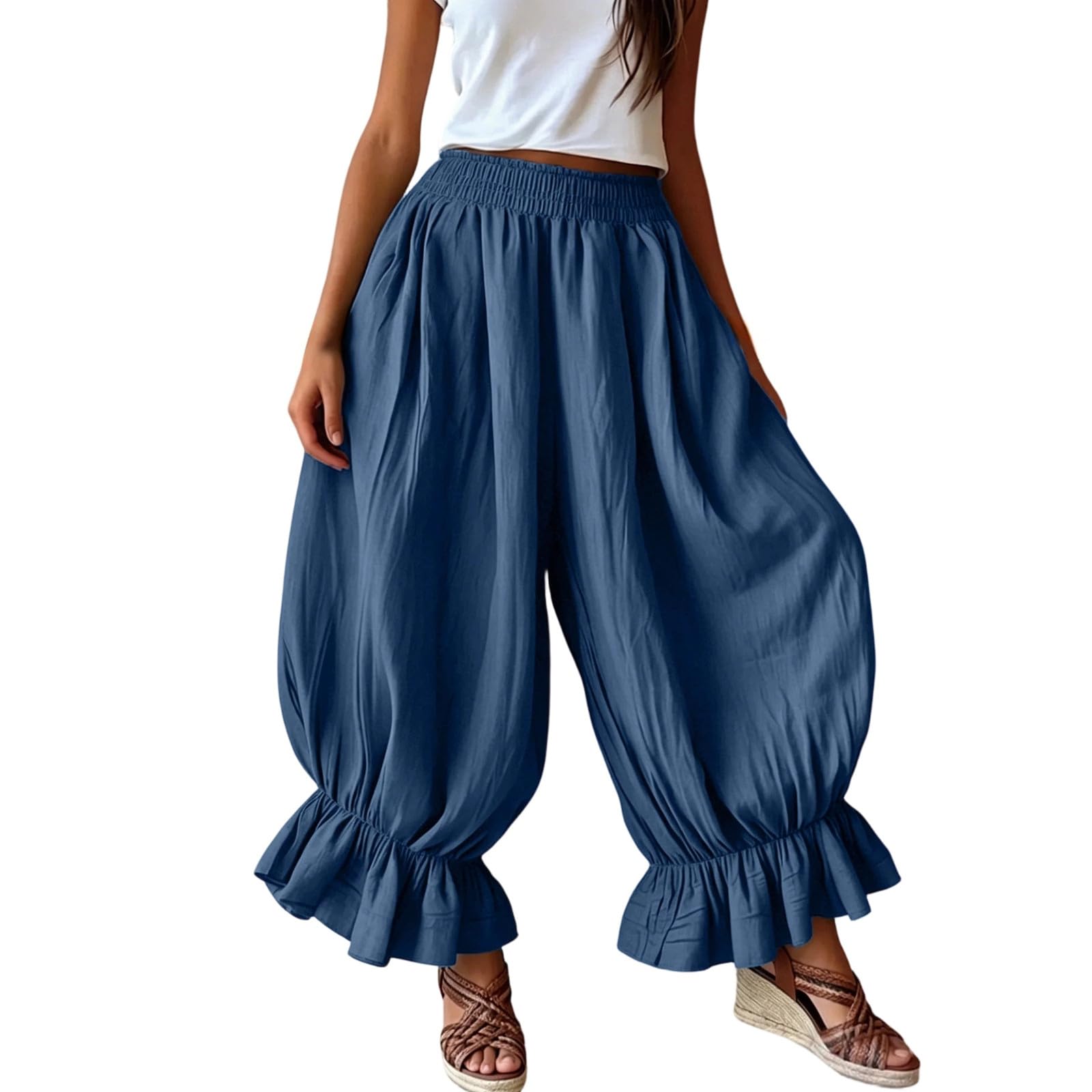 Pantalones de globo largos para mujer, con dobladillo de volantes, cintura alta, holgados, pantalones de palazzo de pierna ancha, para verano, playa, bohemios, holgados, cómodos, estilo Y2K