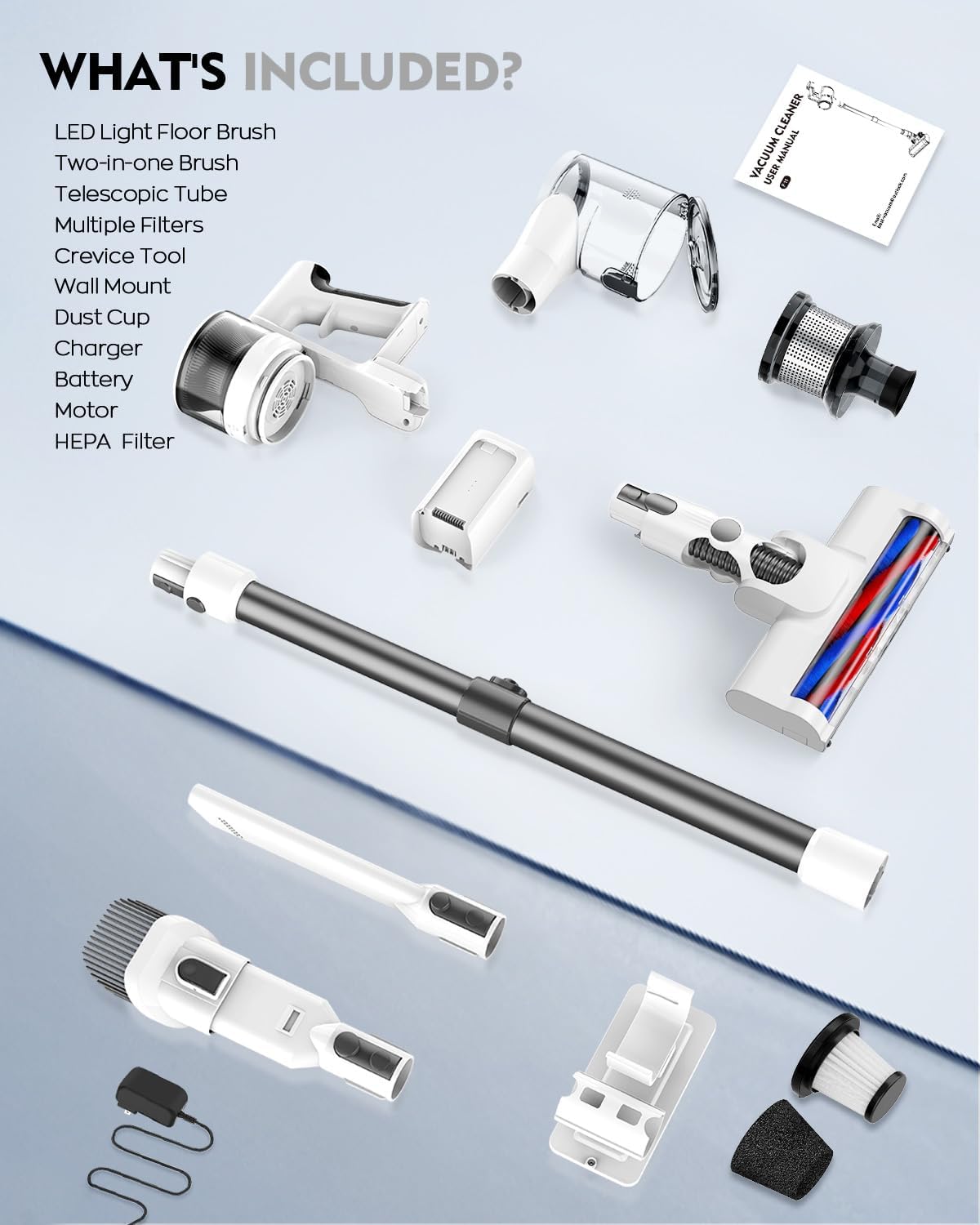 Cordless Vacuums, 80,000PRM Powerful Motor Vacuum Cleaner and 2200mAH Rechargeable Battery up to 35 Mins Worktime, 2 Adjustable Modes, Detachable Parts, Wireless Stick Vacuum (Frost White)
