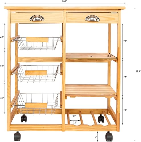 Miniatura 6 de Carrito de cocina con ruedas, encimera de azulejos con 2 cajones, 3 cestas de metal para alimentos y 2 estantes abiertos y 1 estante para vinos,