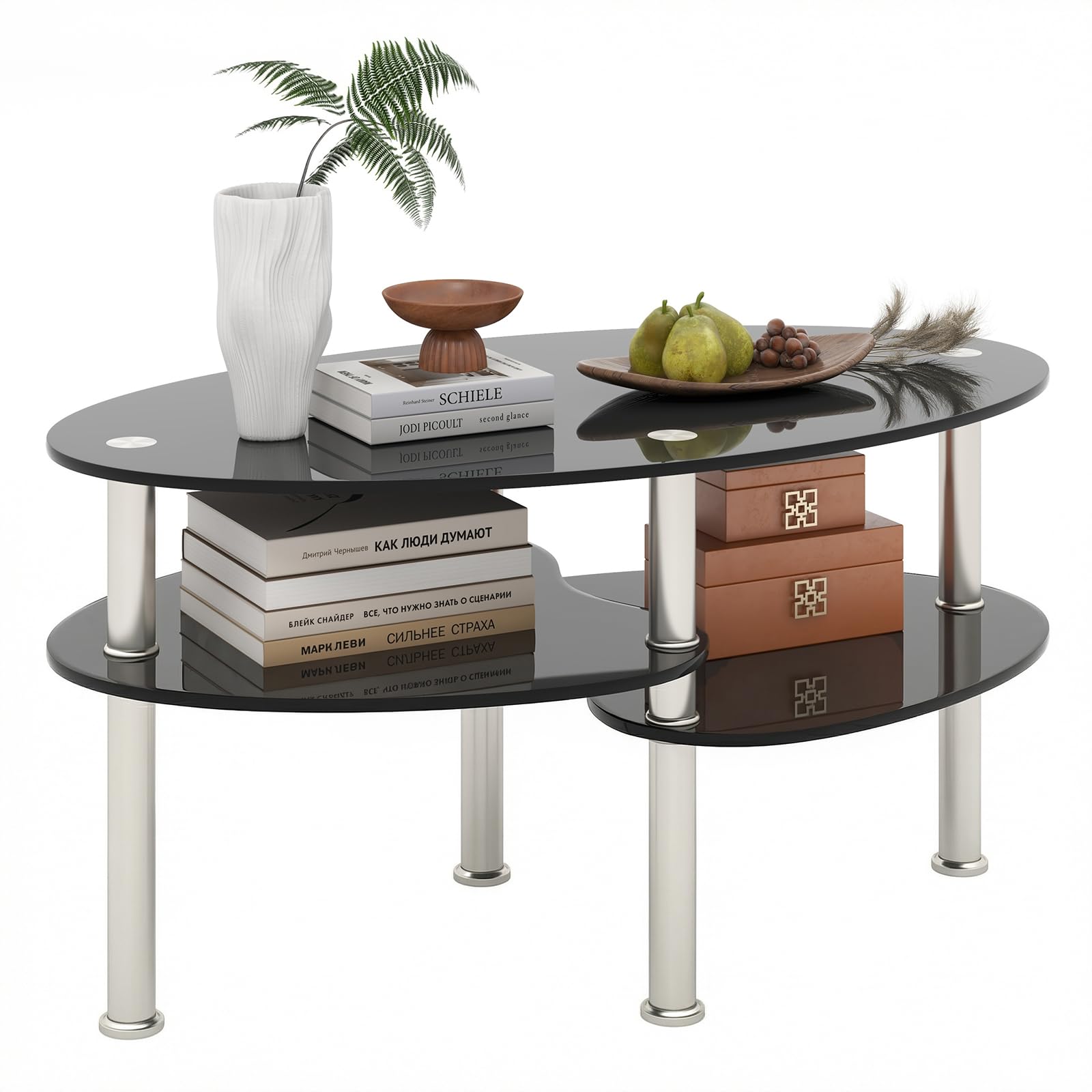 Tangkula Glass Coffee Table, 2-Tier Modern Oval Smooth Glass Tea Table End Table for Home Office with 2 Tier Tempered Glass Boards & Sturdy Chrome