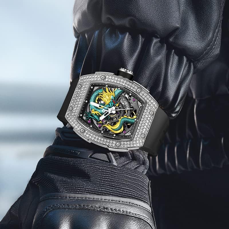 Miniatura 2 de Haofa Reloj mecánico de esqueleto para hombre, reserva de energía 80H, esfera de dragón tallada en 3D, caja de diamantes de zafiro, impermeable,