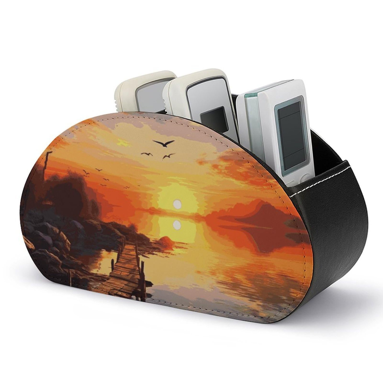 JTREHY Sunset Scenery Remote Control Holder with 5 Compartments Pu Leather Remote Caddy Box Multi-functional Deskt Holders Organizer Box Tray Bedside Table Storage Organizer