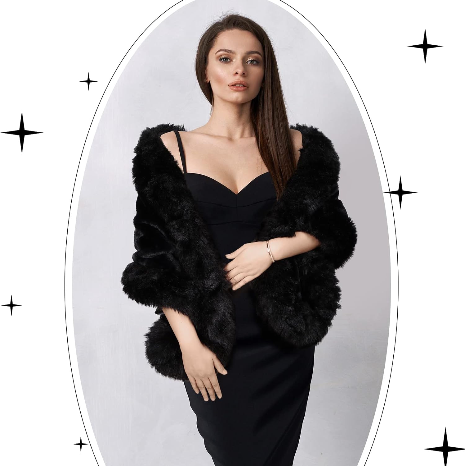 Jadive Faux Fur Shawl Wraps for Women with 2 Rhinestone Brooches Wedding Bridal Faux Fur Cape Stoles Coat Jacket - Image 5