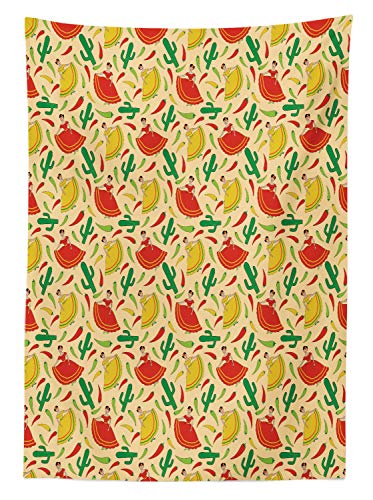 Ambesonne Spanish Tablecloth, Dancing Mexican Women Cactus And Chili Peppers Jalapeno Latin Motif, Rectangular Table Cover For Dining Room Kitchen Decor, 60" X 90", Green Vermilion #TOP1