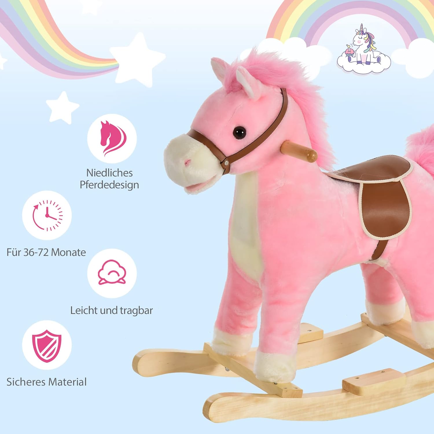 HOMCOM Children's Rocking Horse Baby Rocking Animal Horse with Animal Sounds Toy Handles for 36-72 Months Plush Pink 65 x 32.5 x 61 cm