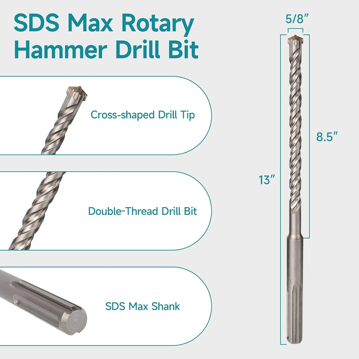 5/8 Inch x 13.4 Inch SDS Max Rotary Hammer Drill Bit, Cross Tip Double Threaded Carbide Tipped for Concrete, Brick, and Stone (5/8" x 8.5" x 13")