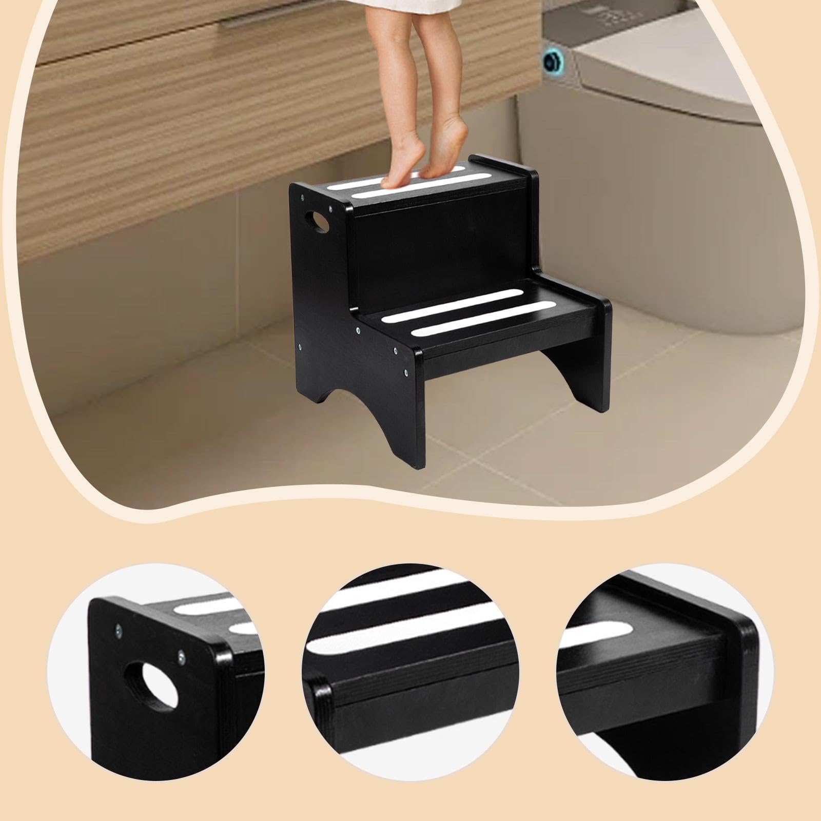 Gralara Sgabello a 2 gradini per bambini con maniglie, poggiapiedi da cucina, leggero, versatile, antiscivolo, per il bagno, Nero