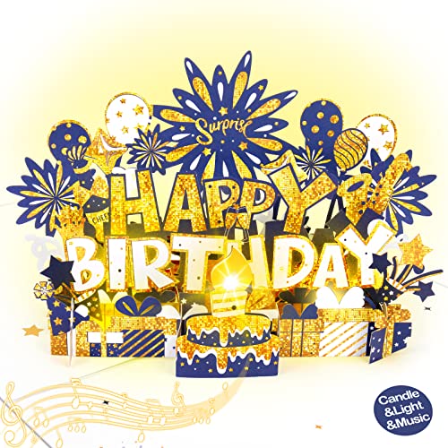 Inpher Large Birthday Card Blow Out Candle Light And Music Pop Up Happy Birthday Card Musical Birthday Gift Greeting Cards Birthday Cards For Mom, Dad, Husband, Wife, Sister, Navy Blue #TOP3