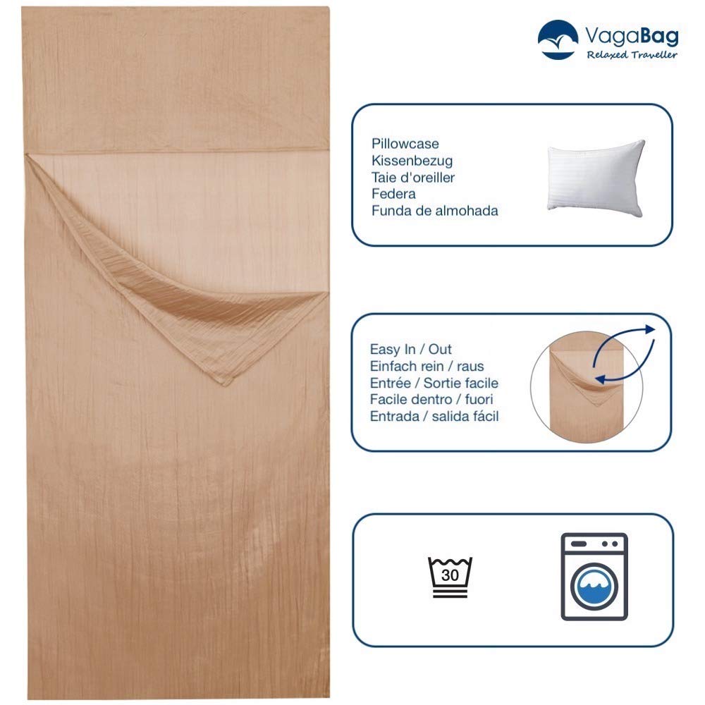 Drap de Sac Voyage en Soie Naturelle pour 2 Personnes Brun Terre de