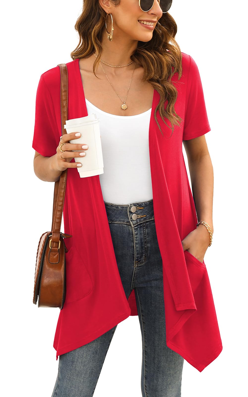 Wiwclo Veryoung Short Sleeve Cardigans for Women Casual Drape Open Front Lightweight Summer Cardigan with Pocket High Low Hem