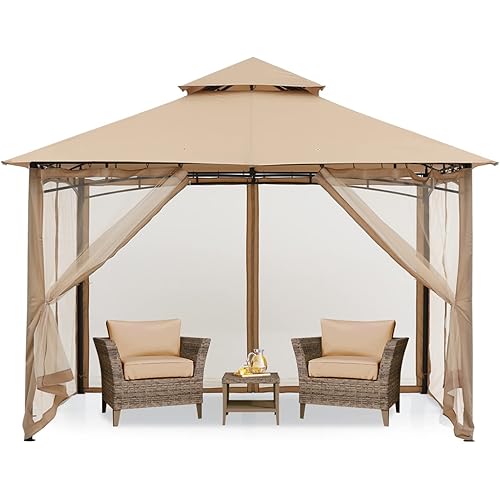 MASTERCANOPY Outdoor Garden Gazebo for Patios with Stable Steel Frame and Netting Walls (8x8, Khaki)