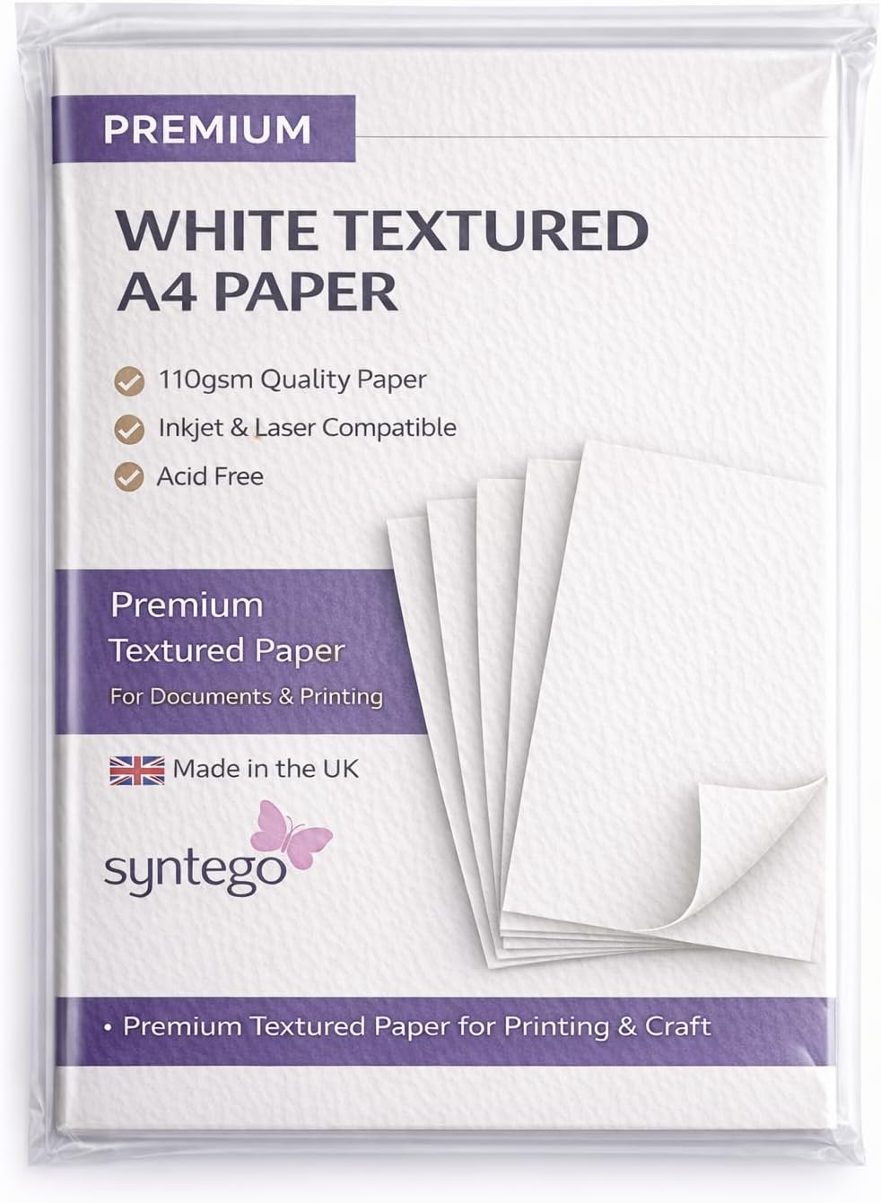 Syntego Textured A4 Paper 110gsm – Premium Printer Paper for Inkjet & Laser | Ivory & White Textured Paper for Invitations, Certificates, Menus & Craft (100, White)