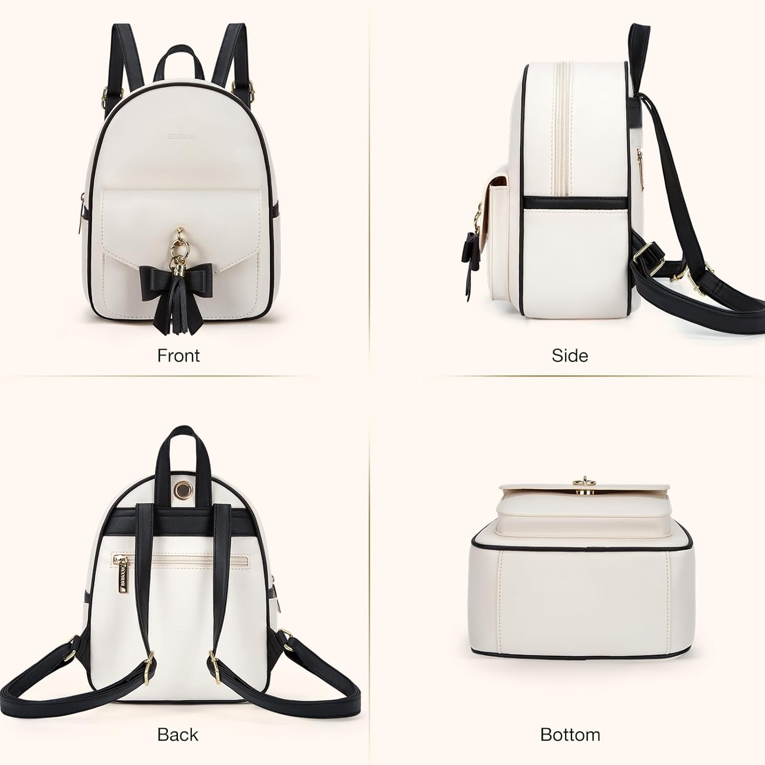 ECOSUSI Mini Backpack for Women Girls Cute Bowknot Small Backpack Purse Ladies Leather Bookbag Satchel Bag, with Charm Tassel Black&Beige - Image 7
