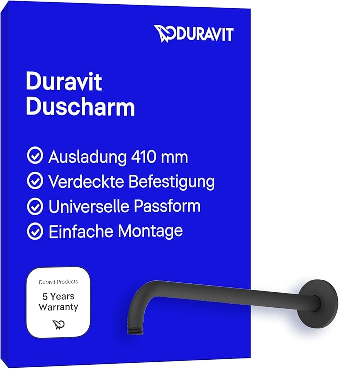 Duravit Universal Duscharm, Duscharmatur Wandbefestigung, Brausearm 410 mm, Duschbrause rund, Schwarz Matt