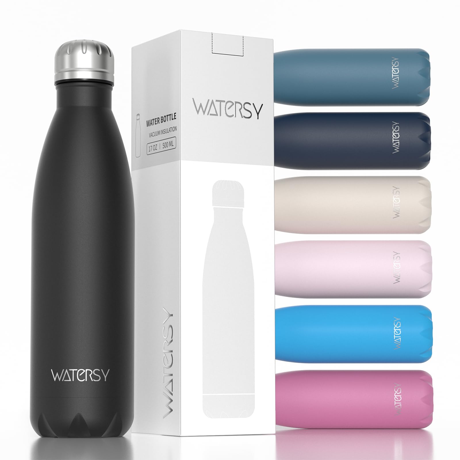 WATERSY Stainless Steel water bottles,17oz/500ml Insulated Water Bottles,Black metal water bottle Keeps Drink Cold and Hot,BPA Free kids water bottles for School,Gym,Travel,Sports
