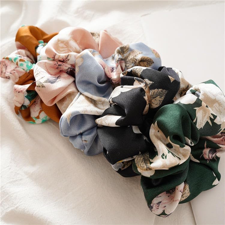 8 Pcs Silk Printed Elastic Hair Scrunchies Hair Bands Ties Ponytail Holder with Excellent Elasticity and Resilience for thick Thin Long or Short Hair Printed Hair Scrunchies Hair Ponytail Holder in Satin Fabric with Printed look For Girl & Women Multicolor (Random Color)