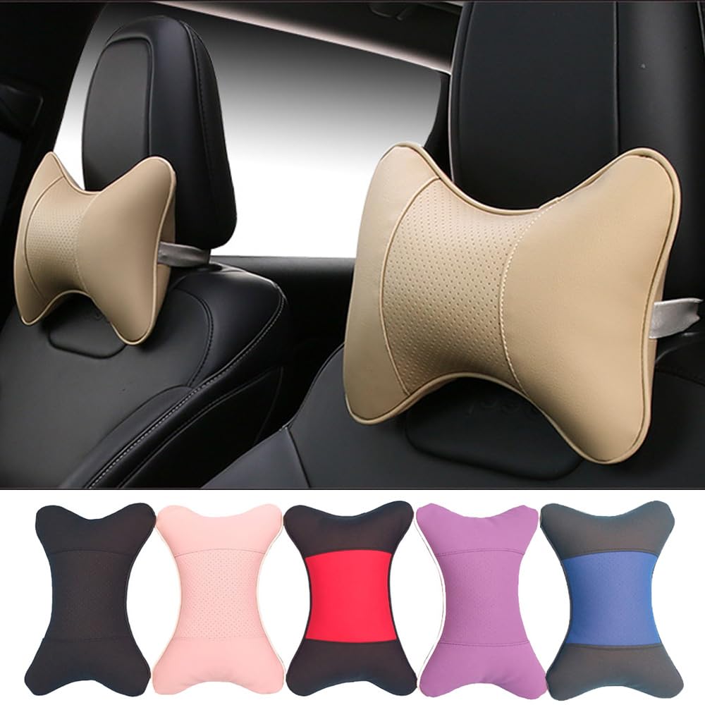 Thomakoo Car Neck Pillows 2pcs Pack Car Headrest Pillow Pu Leather Car Cervical Pillows for Traveling Car Pillows Filled by Fiber (Beige)