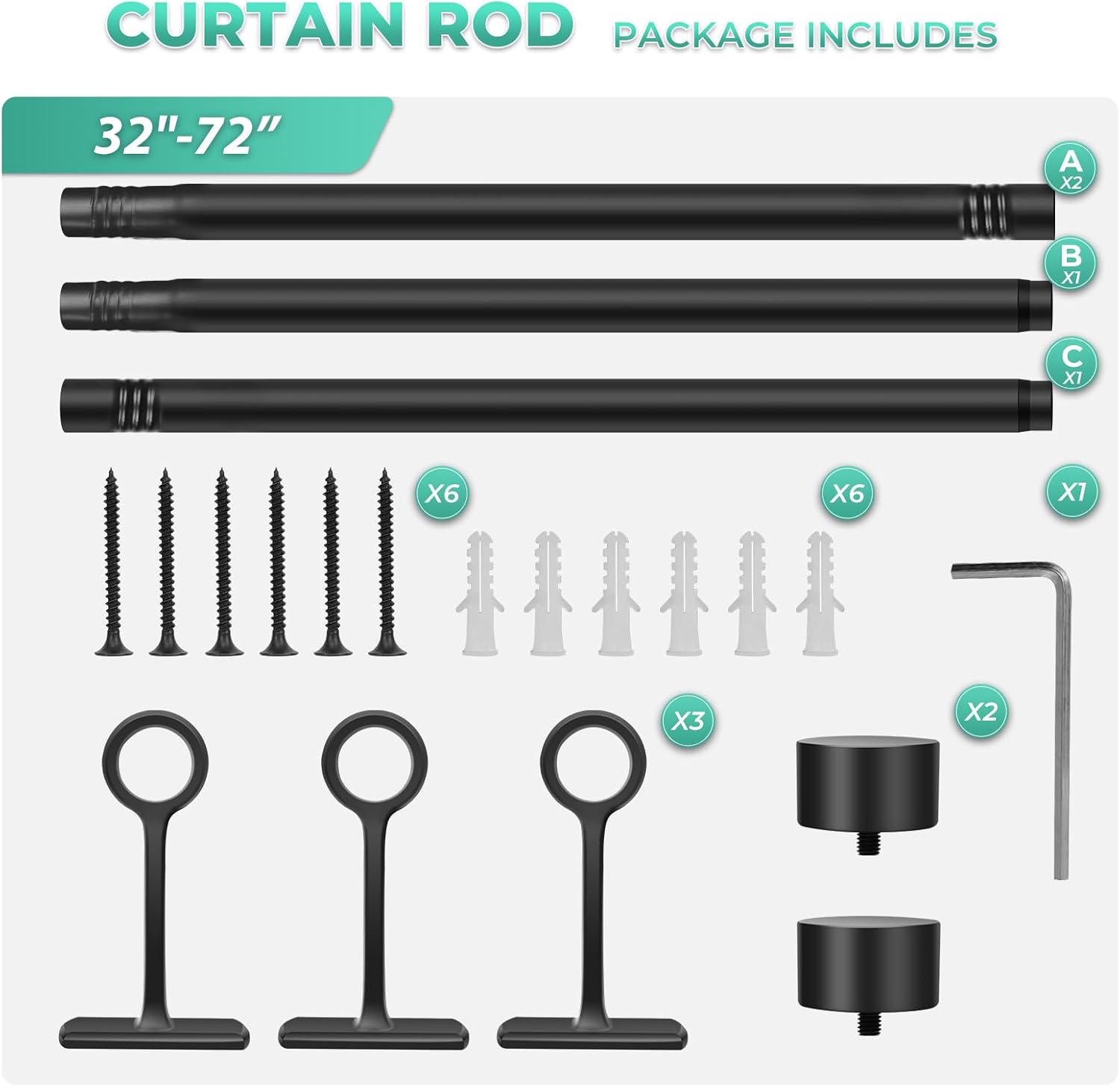 Curtain Rods for Window 32 to 72 Inch, TAOBERFULI 1" Heavy Duty Industrial Curtain Rod, Matte Black Rustic Drapery Rods For Bedroom Living Room Divider Adjustable With Cap Finials