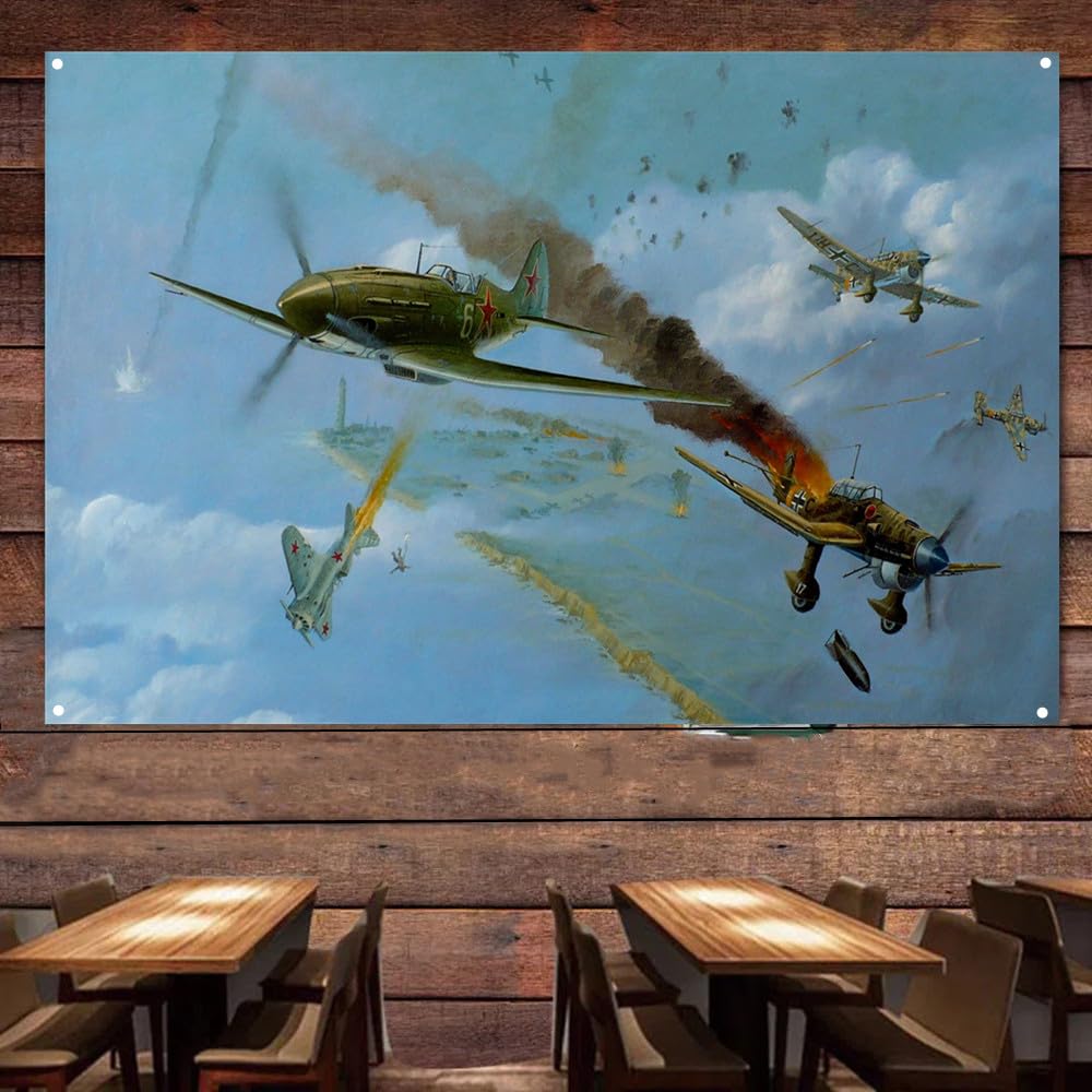 MiG-3 vs Junkers Fighter Jet Wall Decor Tapestry - Attack Aircraft Canvas Print Poster - Air Force Banner Wall Hanging Flag - Military Aviation Artwork For Army Fans