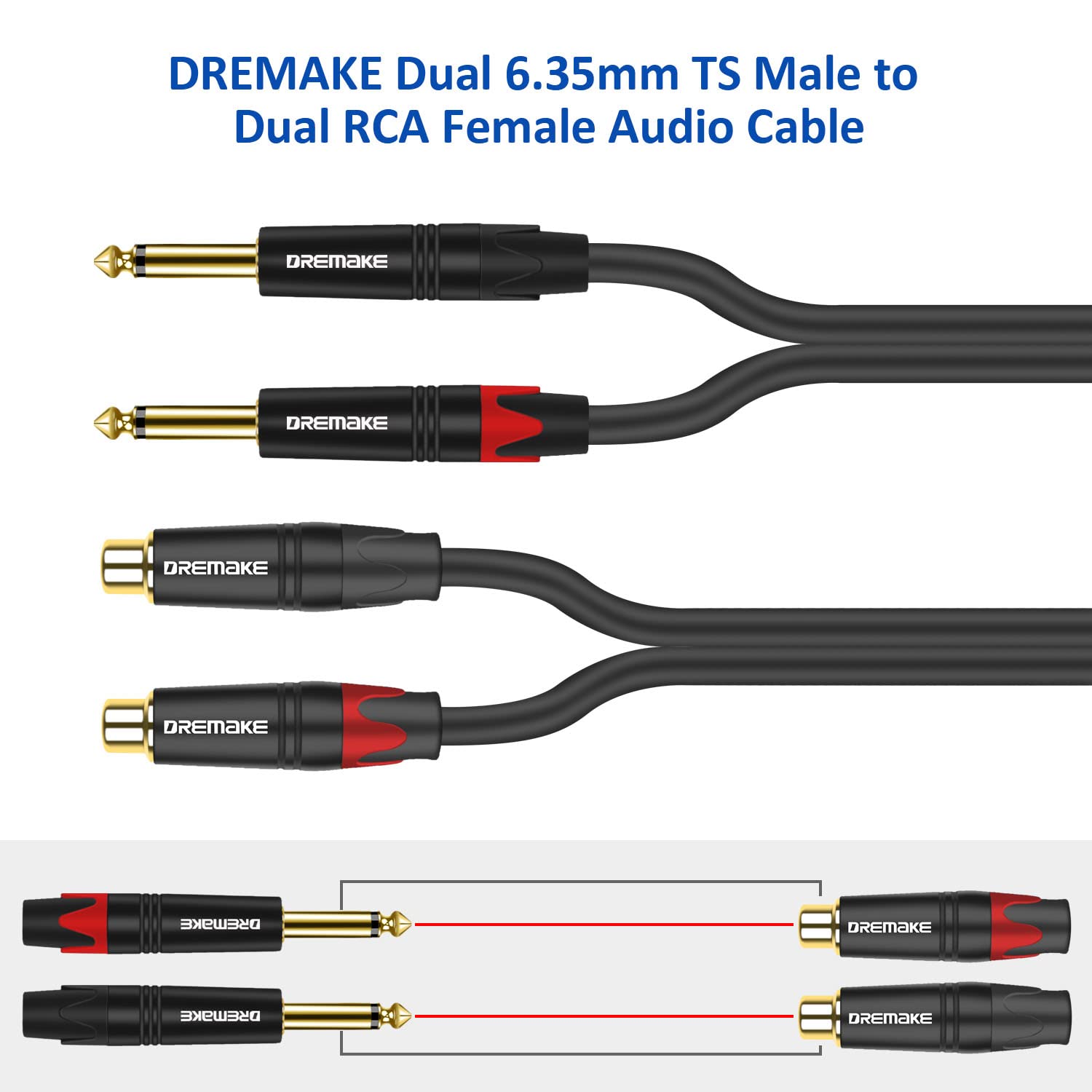 2 cables de extensión de audio RCA de 6,35 mm a 2 cables de extensión de audio RCA de 10 pies, cable adaptador dual TS macho de 6,35 mm a doble RCA hembra, 2 cables de interconexión estéreo TS