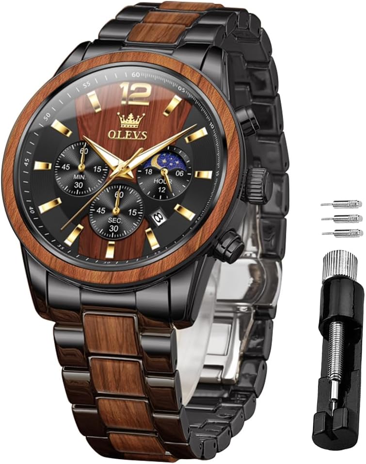 OLEVS Men Watch Stainless Steel Wood Accent Multi Function Dial Luminous Waterproof Casual Luxury Business Watch