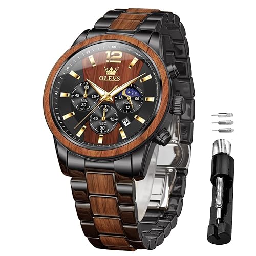 Men Watch Stainless Steel Wood Accent Multi Function Dial Luminous