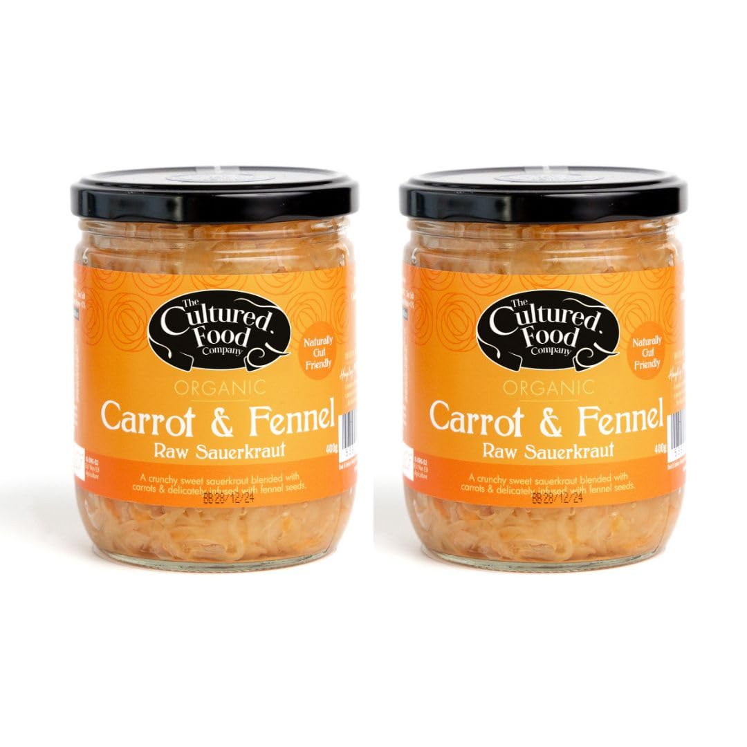 Organic Carrot & Fennel Sauerkraut 400g Jar x 2-100% Natural - Raw & Unpasteurised - Probiotic Rich - Traditionally Fermented Cabbage - Handmade - No Preservatives