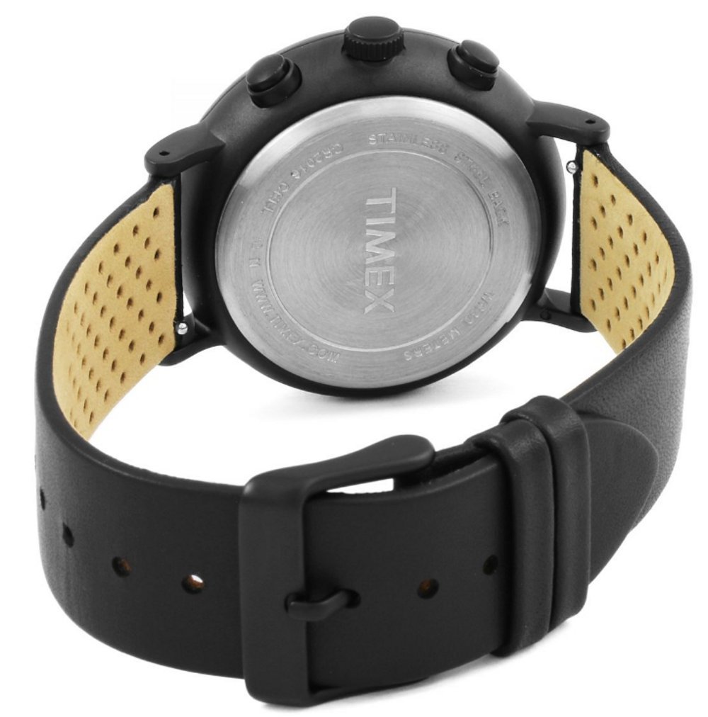 Morao view of the Timex Fairfield Chronograph Watch TW2R26800, showing the stainless steel case back and the leather strap.