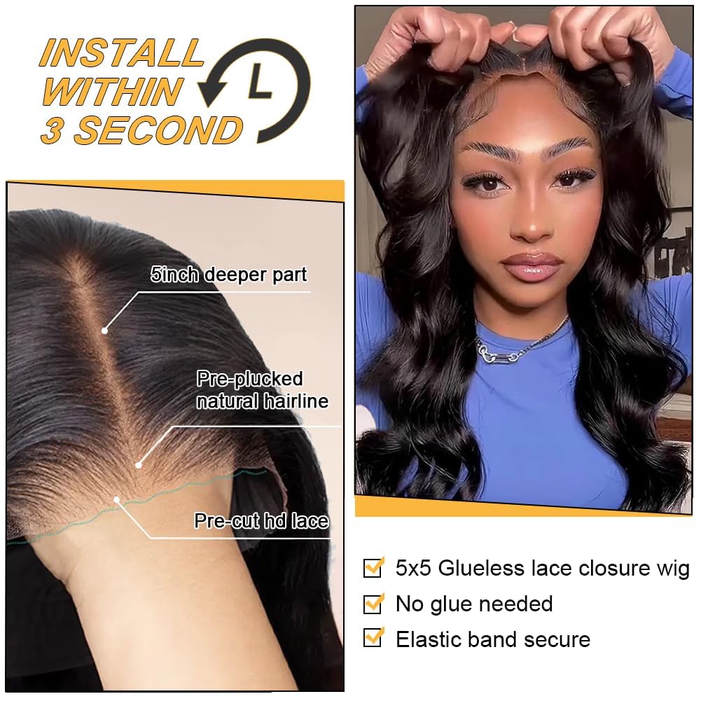 5x5 Hd Lace Closure Wigs Human Hair Pre Cut Lace Glueless Wig Wear and Go Wigs Human Hair Pre Plucked 180 Density Body Wave Lace Front Wigs Human Hair Glueless for Women Natural Hairline