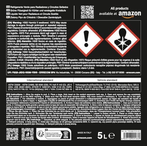 ERRECOM Green Cool, Green Coolant and Antifreeze -10°C/+103°C, Formulation with organic-based OAT inhibitor package, G12, Ready to Use, 5 Litre