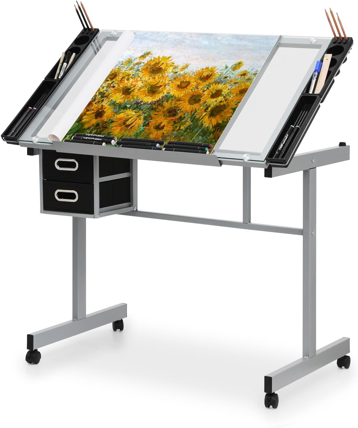 Adjustable Drafting Table & Stool Set, Art Desk with Additional Slide-Out Table Design, Versatile Drawing Table with Storage, for Art, Drafting and Creative Tasks, Natural