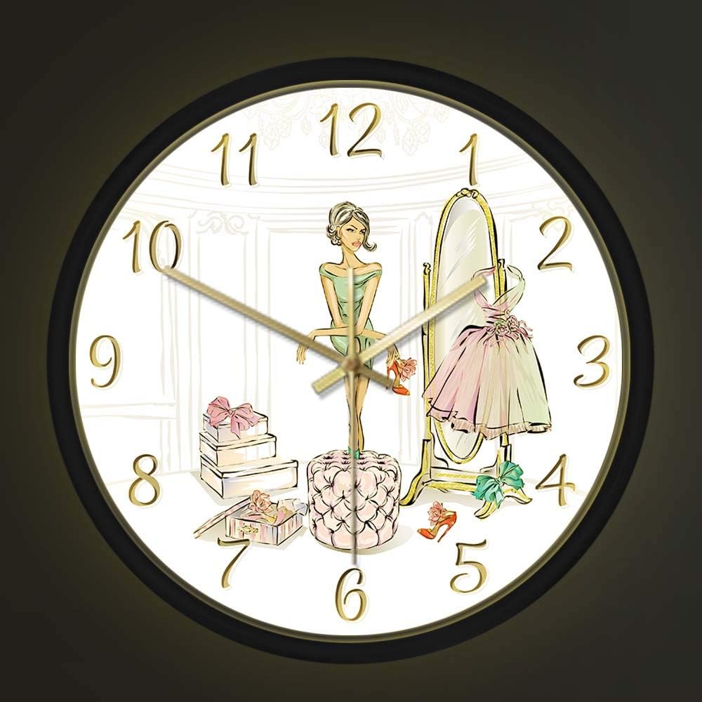 Geek Alerts Glamourous Fashion Girl Toggery Silent Wall Clock with Sound Control LED Night Light, Luxury Beauty Lady Closet Shopping Shoes Boutique Metal Frame Timepiece Wall Watch