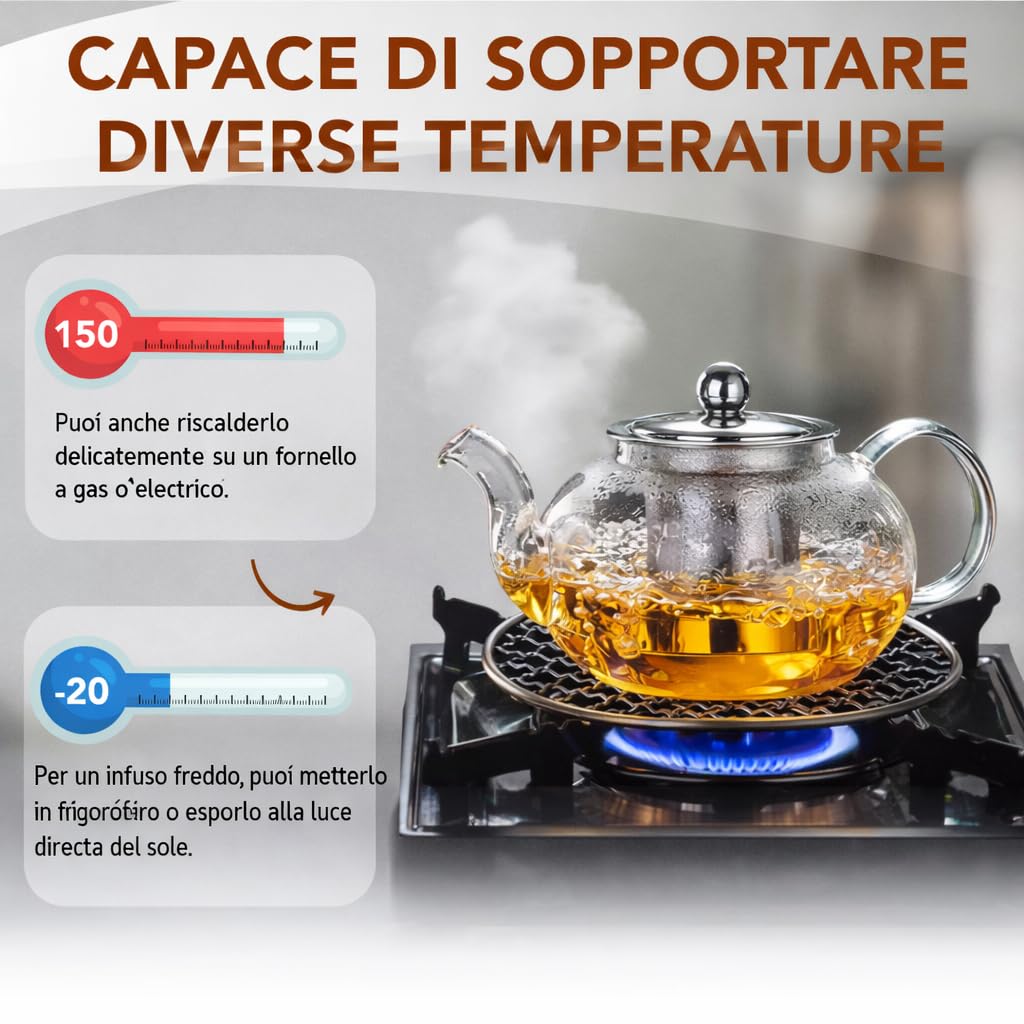 Teiera in vetro borosilicato - Bollitore per tè - Teiere con infusore rimovibile - 800ml